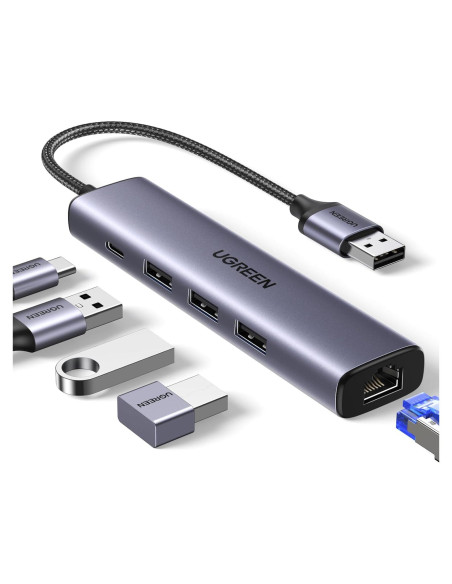 Adaptador USB a Ethernet UGREEN 5 en 1 con 3 Puertos USB 3.0 Adaptador USB a Ethernet UGREEN 5 en 1 con 3 Puertos USB 3.0