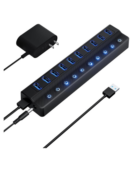 Hub USB 3.0 Alimentado Miuhhur 10 Puertos con Interruptores LED Hub USB 3.0 Alimentado Miuhhur 10 Puertos con Interruptores LED
