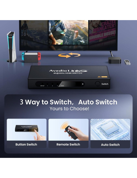 Conmutador HDMI 3x1 avedio links 4K@30Hz con Control Remoto Conmutador HDMI 3x1 avedio links 4K@30Hz con Control Remoto
