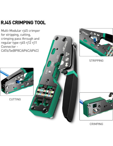 Kit de Crimpado RJ45 ZOERAX 10 en 1 con 50 Conectores Cat6