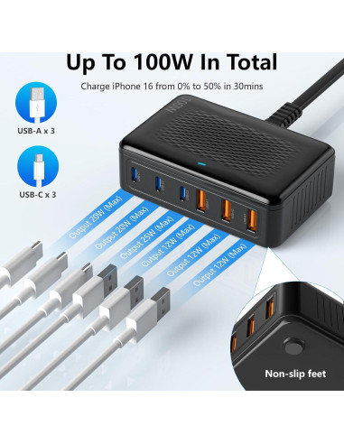 Cargador USB-C 100W 6 Puertos Shenzhen XHD-PD100W