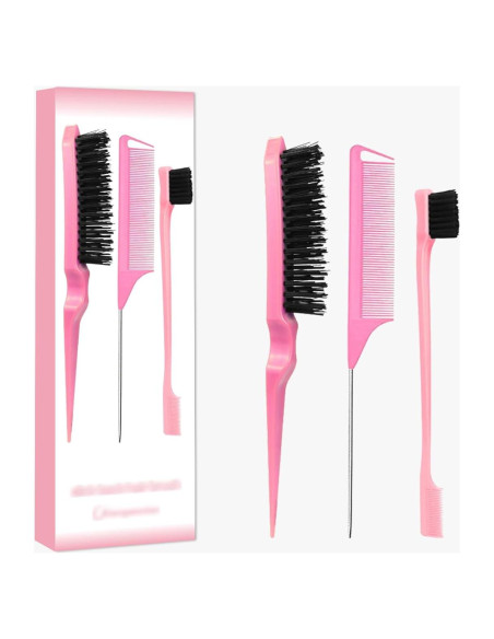 Juego de Peines Rosa 3 Piezas - Cepillo Slick Back y Rat Tail Juego de Peines Rosa 3 Piezas - Cepillo Slick Back y Rat Tail