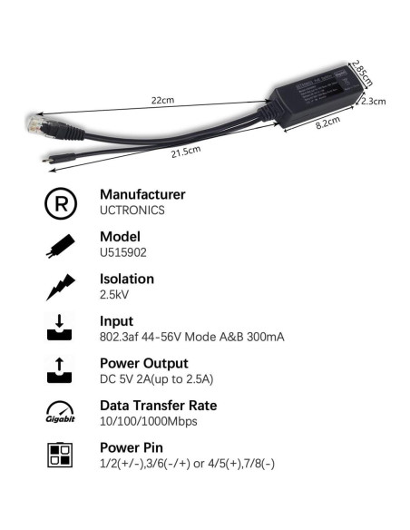 UCTRONICS PoE Splitter Gigabit 5V Micro USB para Raspberry Pi UCTRONICS PoE Splitter Gigabit 5V Micro USB para Raspberry Pi