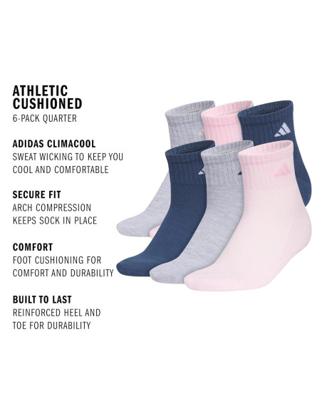Calcetines de tobillo para mujer Adidas - Paquete de 6, Acolchados Calcetines de tobillo para mujer Adidas - Paquete de 6, Acolchados