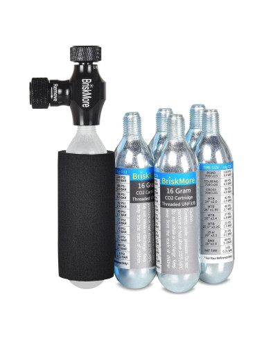 Kit Inflador CO2 BriskMore 5 Cartuchos 16g Válvulas Presta/Schrader