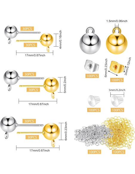 780 Piezas Studs de Pendientes Hicarer en Oro y Plata 780 Piezas Studs de Pendientes Hicarer en Oro y Plata