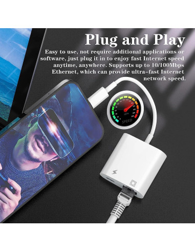 Adaptador Lightning a Ethernet DESOFICON 100Mbps Carga iPhone