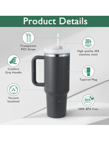 Taza de 1.18 L Ochapa con tapa y pajilla, gris oscuro