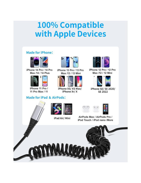 Cable USB a Lightning Enrollado Umefly 3FT Carga Rápida Cable USB a Lightning Enrollado Umefly 3FT Carga Rápida