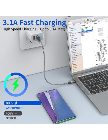 Cable USB Tipo C Corto OneKer 30cm Carga Rápida 2-Pack