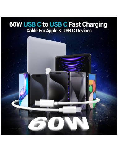 Paquete de 4 Cables USB C a C 60W - 1.83m y 3.05m Blanco