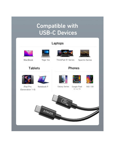 Cable USB C Anker 515 1m 240W 40Gbps Pantalla 8K