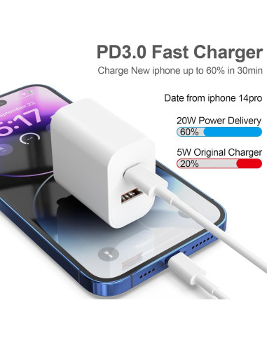 Cargador Rápido 20W Doble Puerto YYDBS + Cables MFi 6FT 10FT