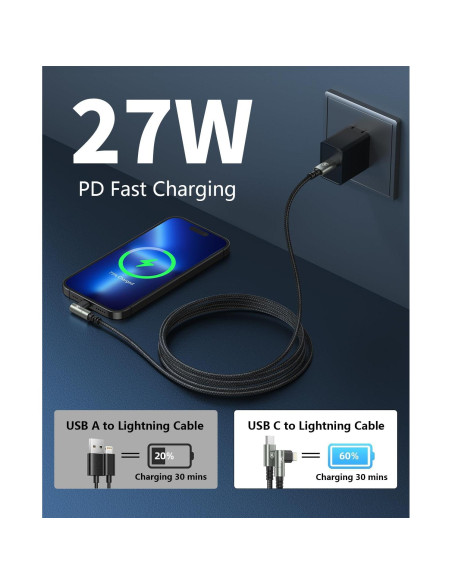 Cable USB C a Lightning 10 pies 90 grados MFi - Paquete de 3 Cable USB C a Lightning 10 pies 90 grados MFi - Paquete de 3