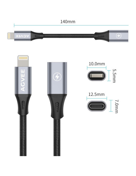 Adaptador USB-C a Lightning AGVEE 30W 10cm Gris Oscuro Adaptador USB-C a Lightning AGVEE 30W 10cm Gris Oscuro