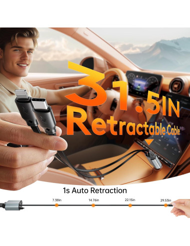 Cargador de Coche Retráctable GUSGU 100W 4 en 1 USB-C Lightning