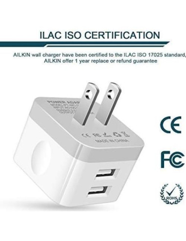 Cargador de pared USB AILKIN 2Pack 2.4A carga rápida blanco