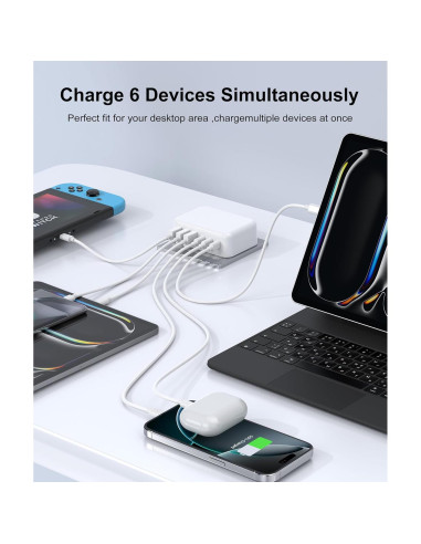 Cargador Rápido USB C 6 Puertos CSODINCE 100W PD 3.0 Blanco