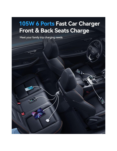 Cargador de Coche Rocoren 105W USB C 6 Puertos Rápido Cargador de Coche Rocoren 105W USB C 6 Puertos Rápido