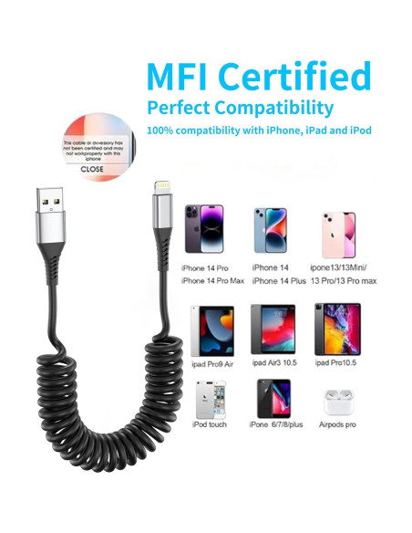Cable Enrollado Lightning para Coche Acevien 3FT MFi Negro Cable Enrollado Lightning para Coche Acevien 3FT MFi Negro