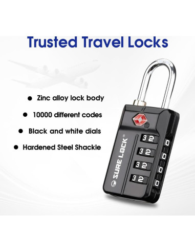 Candados de Combinación TSA Sure Lock 4 Dígitos - 2 Paquete Negro