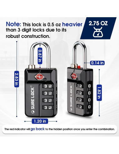 Candados de Combinación TSA Sure Lock 4 Dígitos - 2 Paquete Negro