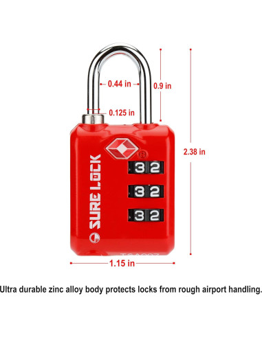 Candado de Equipaje TSA Sure Lock Rojo 2 Paquete 3 Dígitos