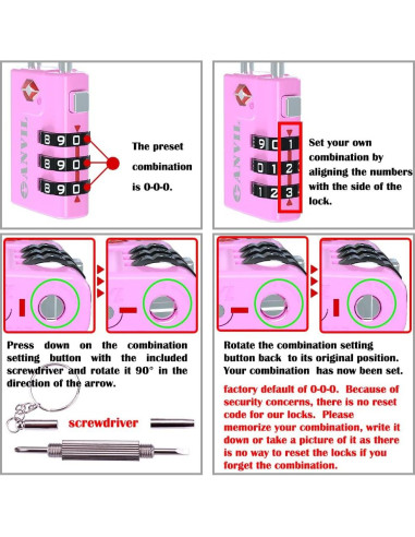 Candados de Cable Anvil TSA 3 Dígitos Rosa - 2 Piezas