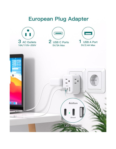 Adaptador de Enchufe de Viaje Addtam 6 en 1 con 3 Salidas y 3 USB