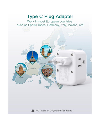 Adaptador de Enchufe de Viaje Addtam 6 en 1 con 3 Salidas y 3 USB