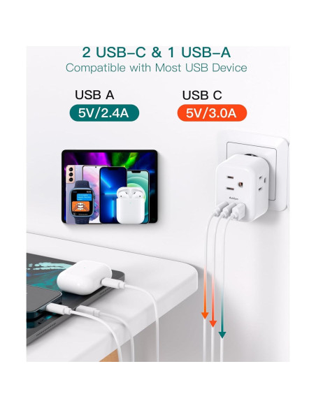 Adaptador de Enchufe de Viaje Addtam 6 en 1 con 3 Salidas y 3 USB Adaptador de Enchufe de Viaje Addtam 6 en 1 con 3 Salidas y 3 USB