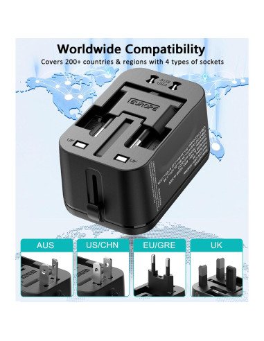 Adaptador de Viaje Universal AKWOR con 2 USB-C y 2 USB-A