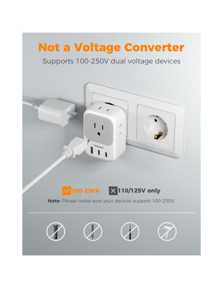 Adaptador de Enchufe de Viaje TESSAN Tipo C 4 Salidas AC 3 USB Adaptador de Enchufe de Viaje TESSAN Tipo C 4 Salidas AC 3 USB