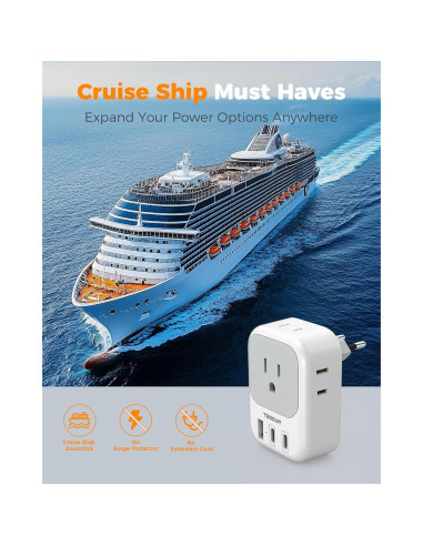Adaptador de Enchufe de Viaje TESSAN Tipo C 4 Salidas AC 3 USB
