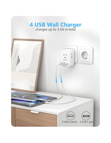Adaptador de Enchufe de Viaje LENCENT Tipo C 2 Paquetes 4 USB