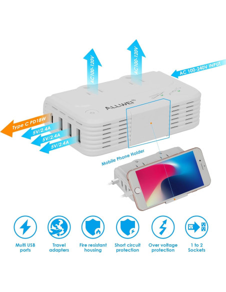Adaptador de Viaje ALLWEI 220V a 110V Universal Blanco Adaptador de Viaje ALLWEI 220V a 110V Universal Blanco