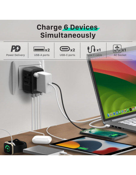 Adaptador de Viaje Universal Fosmon 35W con USB C y 4 Puertos Adaptador de Viaje Universal Fosmon 35W con USB C y 4 Puertos