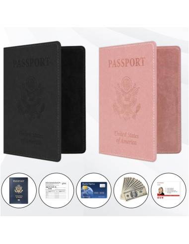 2 Portapasaportes de Viaje Unisex UnslQonds - Negro y Rosa