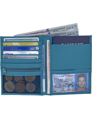 Cartera de Pasaporte de Cuero Genuino Teal RFID 14x11.1cm