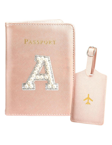 Conjunto Porta Pasaporte y Etiqueta de Equipaje Cuero Rosa