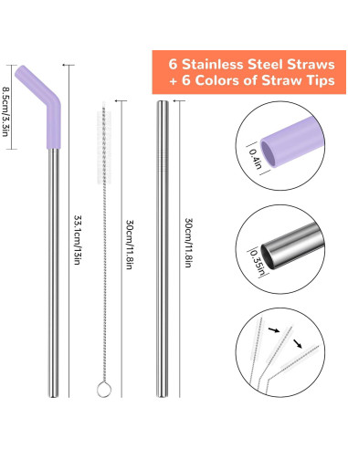 Juego de 6 Pajitas de Silicona y Acero Inoxidable Tomorotec 30.48 cm
