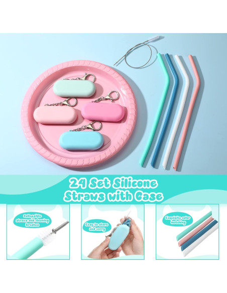 Set de 24 Pajitas Reutilizables de Silicona Zubebe con Estuche Set de 24 Pajitas Reutilizables de Silicona Zubebe con Estuche