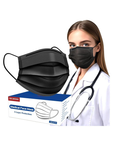 Paquete de 100 Mascarillas Desechables Negras DR.MOXA 3 Capas