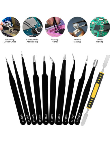 Juego de Pinzas de Precisión ESD 11PCS Acero Inoxidable