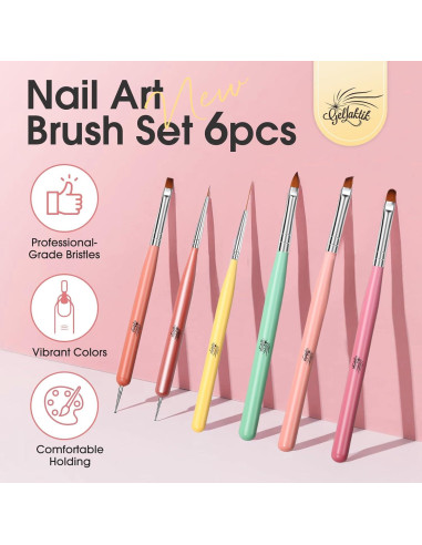 Juego de Pinceles de Arte de Uñas Gellaktik 6 Piezas