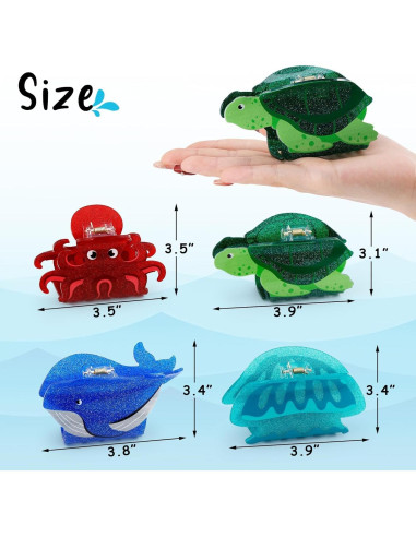 4 Clips de Pelo Oceánicos Yussti - Tortuga, Ballena, Pulpo, Medusa