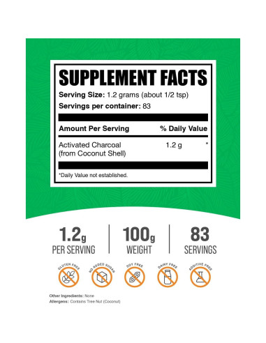Polvo de Carbón Activado BulkSupplements 100g - Vegano y Sin Gluten