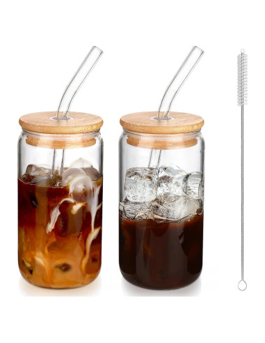 Set de 2 Tazas de Vidrio con Tapa y Popote 16 oz DWTS