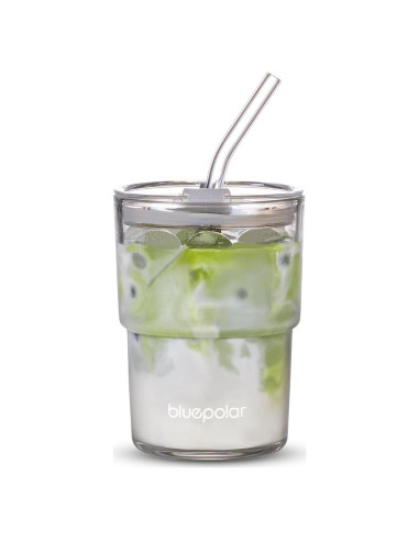Vaso de Vidrio 400ml BLUEPOLAR con Pajilla y Tapa Sellada