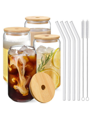 Set de 4 Vasos de Vidrio con Tapas de Bambú NETANY 16oz